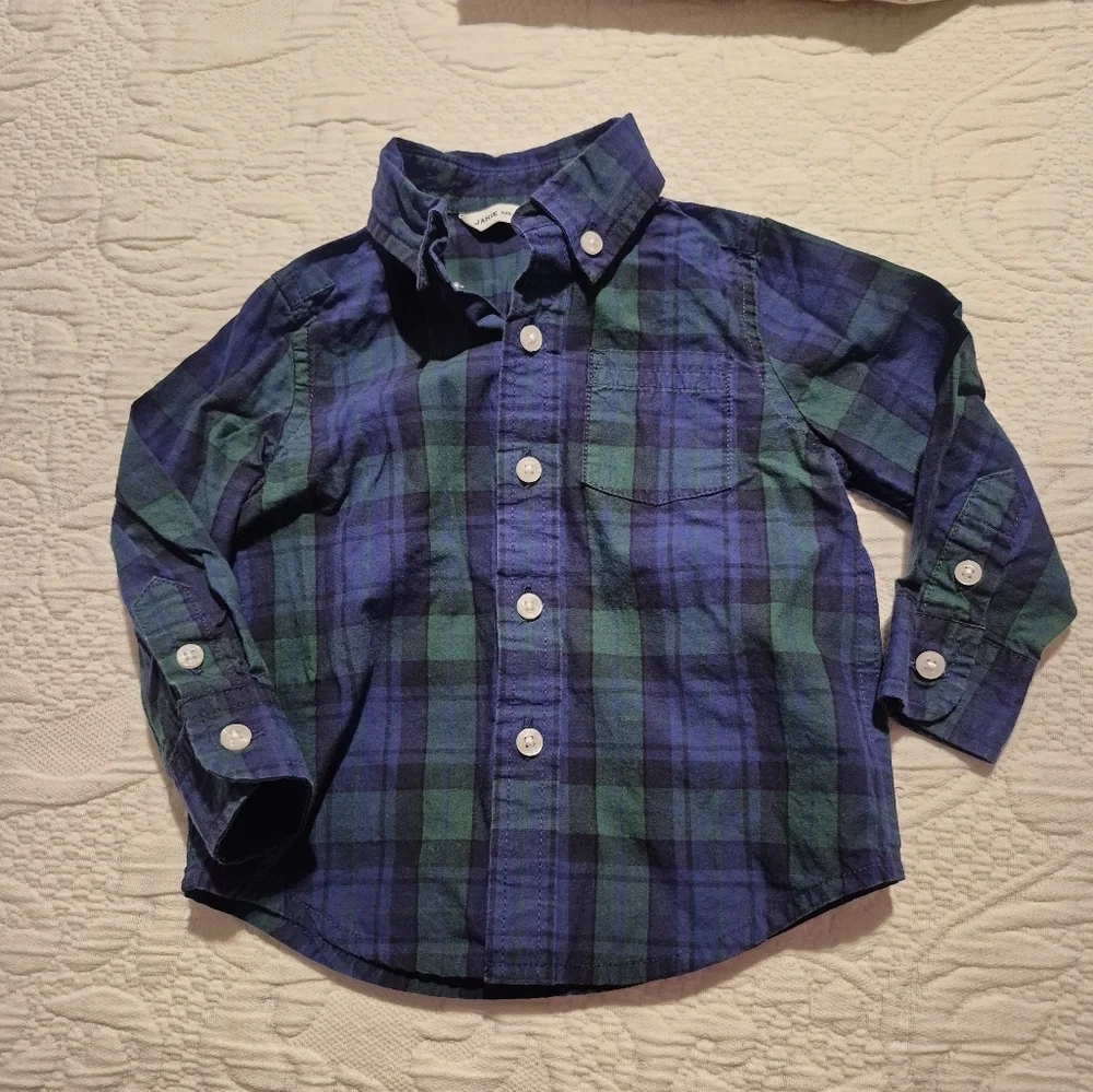 Janie and Jack boys 6-12 months navy and green button up shirt VGUC - Picture 1 of 4